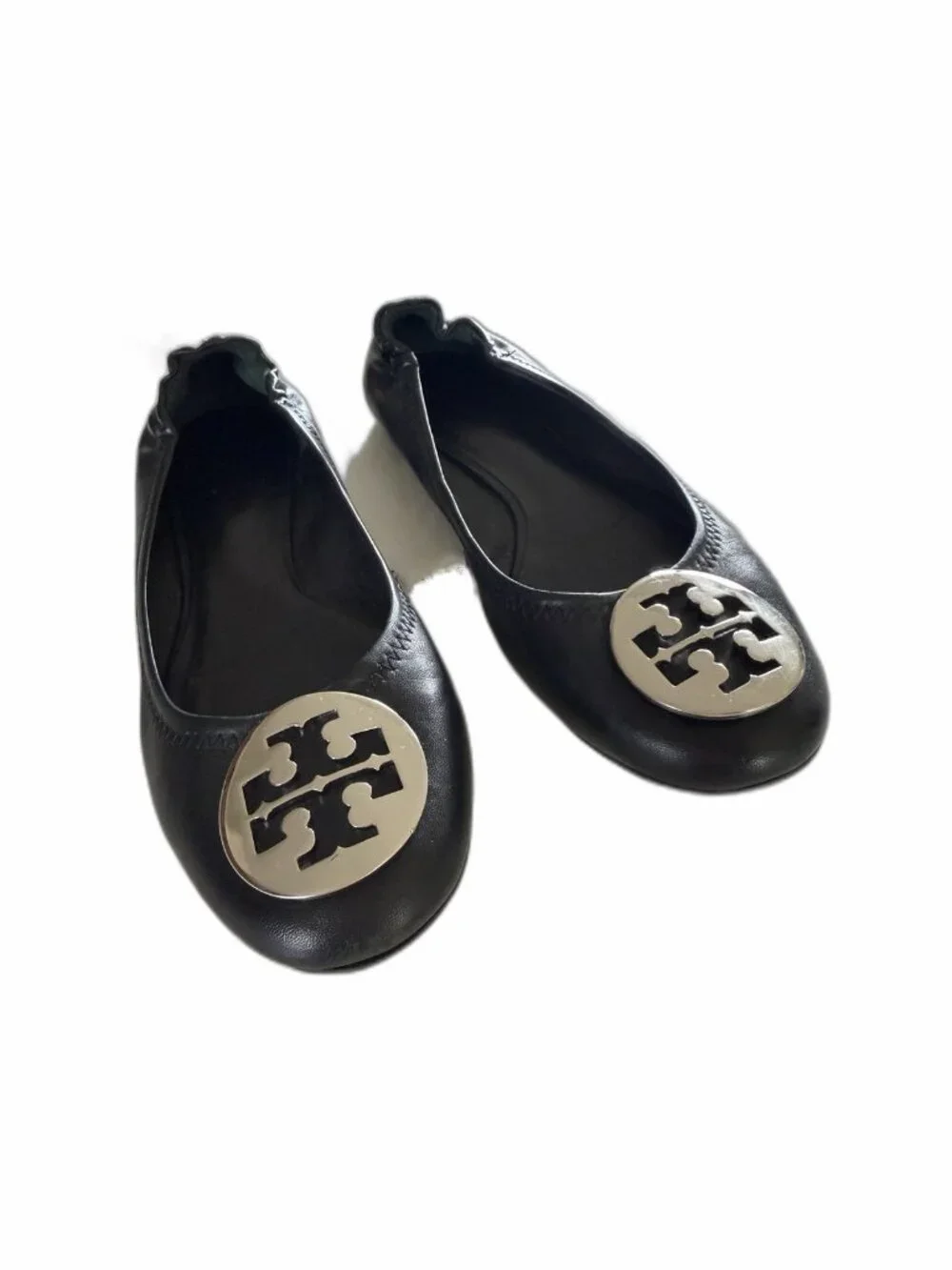Tory Burch Reva Black Leather Ballet Flats Silver Logo 7.5
